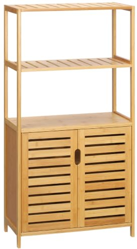 kleankin Meuble Salle de Bain en Bambou, 60 x 30 x 120 cm, Naturel | Armoire Salle de Bain sur Pied, 2 Étagères Ouvertes, Double Porte à Lattes, Meuble de Rangement, Salon Chambre Toilette