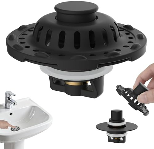 Hibbent Edelstahl 3-in-1 Waschbeckenstöpsel mit Siebkorb, Mattes Schwarz | Abflussstopfen für 30-60mm Beckenloch, Pop-Up Abflusssieb Stöpsel mit abnehmbarem Filterkorb Haarfänger, Messing-Bullet-Kern