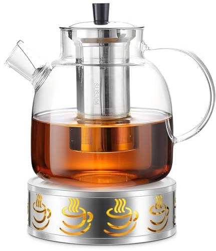 Tetera de cristal de 1,8 litros con calientaplatos, tetera de cristal con colador, tetera con colador para té suelto, sin BPA, apta para microondas y lavavajillas