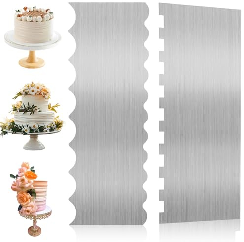 2Pcs Cake Scraper, Double Sided Cake Smoother, 4 Patterns Buttercream Smoother, Patterned Edge Scrapers for Buttercream, Stainless Steel Cakes Edge Scrapers for Birthday Cakess Decorating & Baking