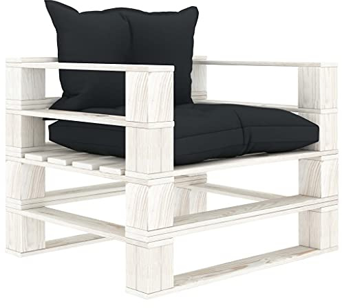 HaoChrymec Sofá de Jardín de Palets, con Cojines Acolchados, Diseño Rústico Moderno, Resistente a la Intemperie, Mueble Jardin, para Terraza, Jardín o Salón, Antracita y Blanco, 80x67.5x60.8 cm