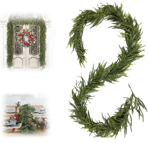 6 FT Artificial Cedar Garlands - Real Touch Winter Greenery,2025 Christmas Artificial Cypress Leaf Vine Wreath,Realistic Pine Needles Garlands,Soft & Thickness for Stairs Mantle Porch Decor (6FT)