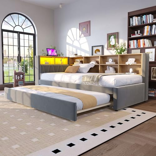 Kebnor Schlafsofa 90 * 200, Ausziehbett 90 * 190, ausgestattet mit LED Leuchten, Steckdosen und vielen Ablagefächern, Polsterbett, Multifunktionsschlafsofa, Einzelbett, Flanell (Dunkelgrau)