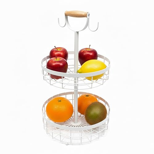 Relaxdays 2-Tier Fruit Etagere, Kitchen Fruit Bowl, Modern Metal Basket for Fruits & Veggies, Metal, White