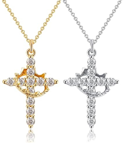pozuauoa 2 PCS Cross Necklace Women, Gold Silver Necklaces for Women with Rotating Crown Cross Pendant Silver Cross Necklace Pendant Necklaces Trendy Simple Jewellery Gift for First Communion