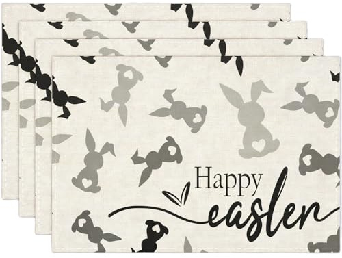 Luzzxfa Happy Easter Grau Kaninchen Ostern Platzsets 4er Set, 32x45 cm Frühling Xmas Tischset Waschbar Platzdeckchen Küche Party Deko