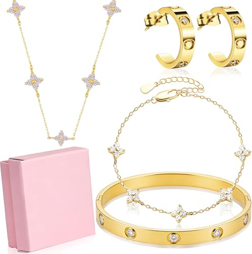 Benaton 4 Stück Vergoldete Schmuck Set Glücksklee, Damen Elegantes Gold Schmuckset Vierblättriges Kleeblatt Kette Armband für Hochzeit Geburtstag Jahrestag Valentinstag Geschenkset (Mit Geschenkbox)