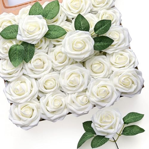 MEIRRAI Künstliche Rosen, 50 Stück Schaumrosen mit Stielen, Elfenbeinweiß