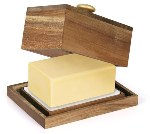 Whchiy Butterdose aus Akazienholz mit Marmorplatte – Für 250g streichzarte Butter | Holz Butterschale zur idealen Aufbewahrung | Butterglocke