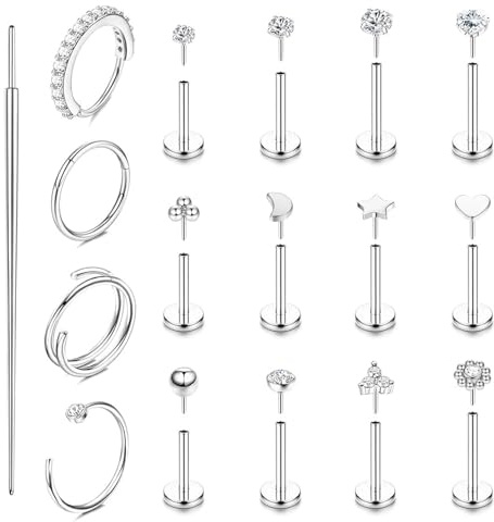 JSTHHTT 17 Pcs Pendientes Mujer Piercing Oreja Pendientes Hipoalergenicos Mujer Dorados Piercing Helix Tragus Cartílago Múltiples Piercings en Espiral para Nariz Pendiente, 6/7/8 mm, Plata