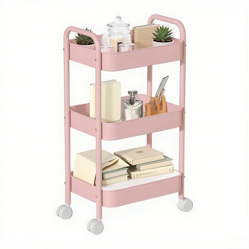 Storage Cart, Metal 3-Tier Rolling Utility Cart with Handle, Storage Trolley Cart on Wheels, Easy Assembly for Kitchen, Bathroom, Office, Bedroom, Veg Rack and Multi-Purpose Organizer(Pink)
