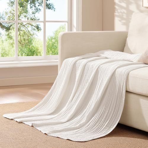 Topfinel Manta de Verano Cómoda,100% Algodón,Manta Decorativa y Colcha para Sofá,Mantas de Muselina 150x200 CM,Color Blanco,Mantas Transpirable y Portátil para Todas Las Estaciones