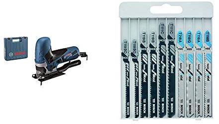 Bosch Professional GST 90 E - Sierra de calar (650 W, 500 - 3100 cpm, profundidad de corte 90 mm, en maletín) + Hojas de sierra de calar básica para metal y madera (juego de 10 unidades)
