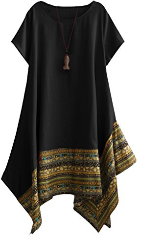 Vogstyle Donna Estate Lino Cotone Manica Corta Maglietta Tops Shirt Vestito Nero XXL