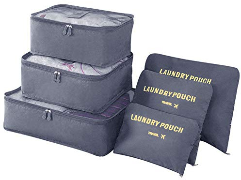 Vicloon Gepäck Organizer, 6-in-1-Set Koffer Organizer Umfassen 3 * Packwürfel und 3 * Aufbewahrungsbeutel, Reise Kleidertaschen für trockene Kleidung, Unterwäsche, Kosmetik und Andere Zubehör(Grau)