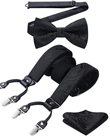 HISDERN Hosenträger Herren 3,5 cm mit 6 Extra Stark Clips in Y-Form Elastisch Längenverstellbar 130 cm Fliege und Hosenträger 3er Set für Männer