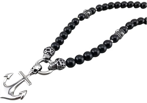 Halskette Perlenkette Black schwarze Onyxperlen matt oder glänzend für Herren oder Damen mit Anhänger, Bikerschmuck, Totenkopf, Skull, Schädel, Gothic K121
