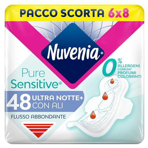 Nuvenia, Assorbente Pure Sensitive Ultra Notte con Ali, Assorbenti per Flusso Abbondante, Confezione da 48 Assorbenti