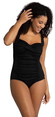 Ulla Popken Damen große Größen Übergrößen Plus Size Badeanzug, Drapierung, feine Struktur, Softcups schwarz 50 791023130-50