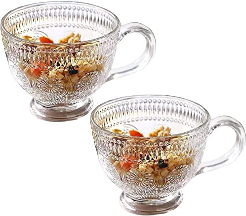 EdirFtra 2 Pcs Vintage Embossed Sunflower Glass Teacup, 14oz Coffee Mug, Large Capacity Sunflower Cup, Retro Relief Yogurt Bowl With Handle