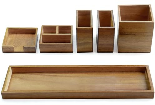 ROCDEER Wood Vanity Tray, 6-Piece Small Bathroom Counter Organizer Wooden Decorative Trays Rectangular Perfume Jewelry Makeup Cosmetic Holder Set | 14.9-Inch Long, Modular 6-Piece Set for Makeup, Jewelry and Office Supplies on Bathroom or Vanity Counters