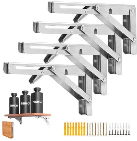 4 Stück faltbare Regalhalterungen, 30,5 cm, strapazierfähig, zusammenklappbar, dreieckig, Edelstahl, L-Halterungen für Holzregale, max. Belastung 136 kg, DIY, Wandmontage, platzsparend, für Banktisch,