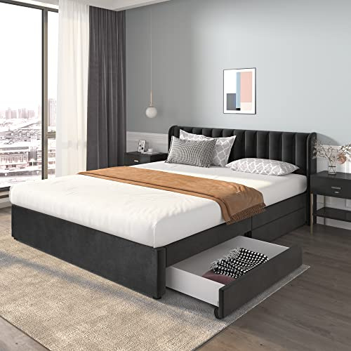 Moimhear Polsterbett 180 x 200 cm, Doppelbett Flanell Mit Lattenrost Rückenlehne 2 Schubladen (Schwarz (180X200cm))