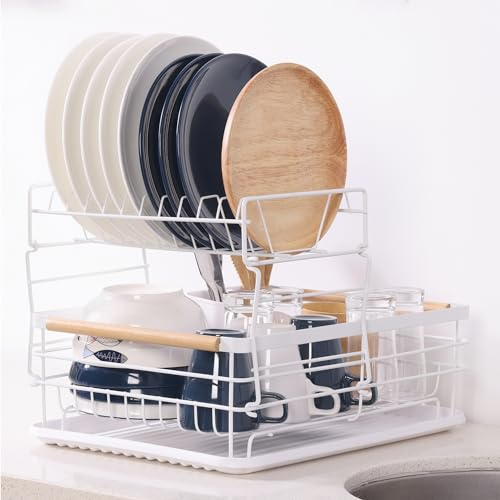 Navaris Scolapiatti da Appoggio - Scolapiatti da Lavello con 2 Ripiani - Porta Posate Rimovibile - Asciugatura Piatti Bicchieri Tazze Ciotole - 43 x 32 x 29 cm - Bianco
