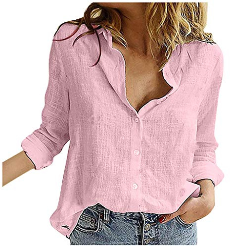 Chic blus damer elegant långärmad – linneblus festlig linneskjorta oversize v-ringad tunika slim fit skjorta linne tröja kvinnor topp stora storlekar t-shirts vår sommar toppar, ROSA, L