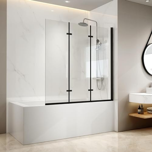 EMKE Mampara bañera plegable 120 x 140 cm, 3 paneles plegable, Borde negro | mamparas de bañera de cristal de seguridad de 6 mm, giro de 180°, Revestimiento nano fácil de limpiar