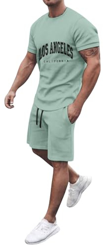 Gefomuofe Chándal para hombre, para deporte, verano y tiempo libre, conjunto de camiseta y pantalón corto, verde menta, L
