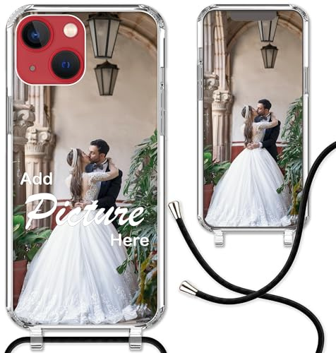 CoverHeld iPhone 13 Mini Handyhülle mit Band selbst gestalten aus Silikon Hülle mit deinem Bild/Design personaliseren und einzigartig Machen/Handykette Kordel Band in Schwarz