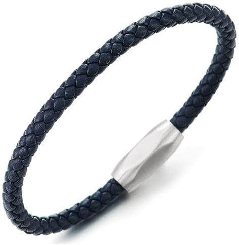 COOLSTEELANDBEYOND Minimalistischen Herren Damen Dünn Geflochtenes Leder Armreif Schweißband Armband, Edelstahl Ovalen Magnetverschluss