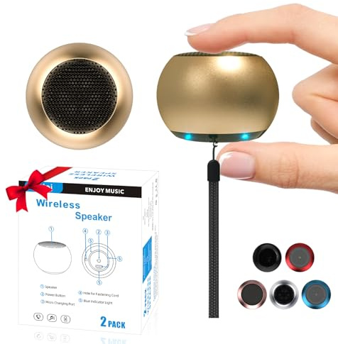 AUKSKY Paquete de 2 mini bocinas portátiles, mini bocina Bluetooth, microaltavoz inalámbrico para teléfono/PC/tableta, batería recargable, micrófono integrado, bonito mini altavoz con correa para