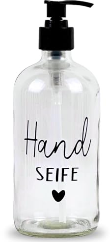 Glas Seifenspender 500ml - Schwarzer Pumpspender, Spülmittelspender für Küche. Handseifenspender für Badezimmer (Transparent, Handseife)