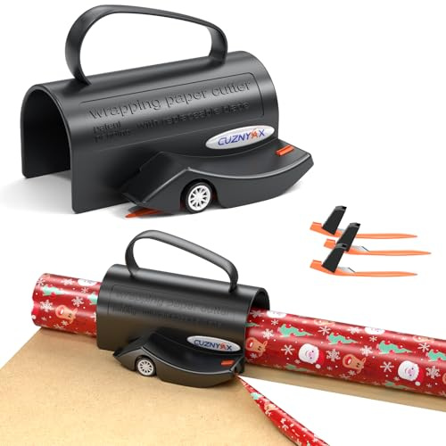 Wrapping Paper Cutter with Handle Gift Wrap Cutter for Christmas Paper Rolls, 3 Replaceable Blades for Smooth & Straight Cuts, Easy Paper Cutting Tool for Holidays