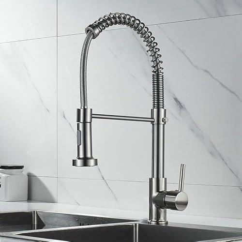 Stainless Steel Kitchen Tap with Spring Pull Out Spray 1 Hole Swivel Mixer Faucet Brushed Finish 2 Spray Modes