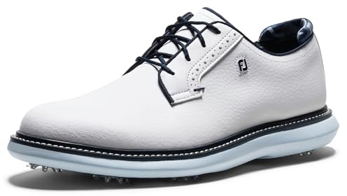 FootJoy Men's Traditions Blucher Golf Shoe, White/Sky Blue/Camo, 10