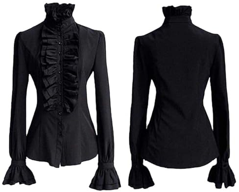 Générique Chemise Victorienne pour Femme Gothique Steampunk Chemisier à Volants Vintage Manches Longues Haut Blouse Chic et Élégant Renaissance (01 Noir, M)