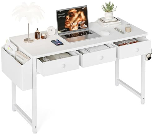 Grandder Scrivania 100x50cm, Tavolo per PC con 3 Cassetti in Tela, Scrittoio per Uso Domestico e Ufficio, Tavolo da Lavoro Multifunzione, Adatta per Soggiorno/Ufficio, bianco