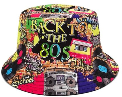 MILAKOO 80er Jahre Eimer Hut für Männer Frauen Lustig Retro Party Hut Vintage Print Fischer Hut Unisex Reversible Portable Hut für Disco Hip Hop Outdoor