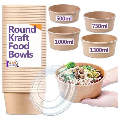 Bag Market | 50 x Kraft Takeaway Food Bowls with Clear Plastic Lids - Round Paper Salad Bowls for Deli, Pasta, Rice, Dessert - Street Food Containers (Small - 500ml / 18oz)