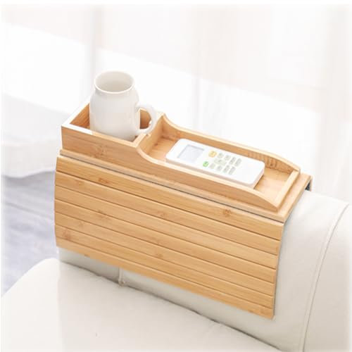 Foldable Bamboo Sofa Couch Cup Holder Arm Table Tray Caddy,Non Slip Couch Armrest Snack and Remote Control Organizer