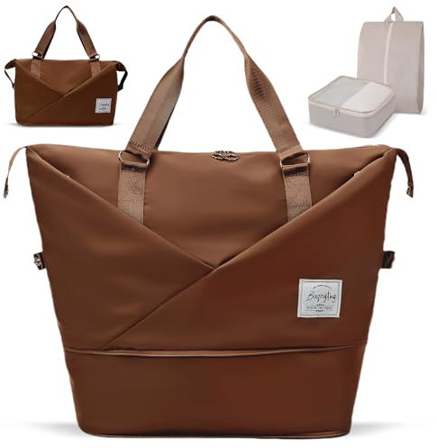 Borsone Palestra Per Donna Uomo Borsa Palestra Grande Impermeabile Borsone da Viaggio Weekend Borsone Sportivo con Scomparto per Scarpe Sacchetto per Yoga Pilates Viaggi Piscina Fitness (Cachi)