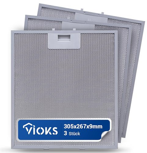 VIOKS AEG Whirlpool Elica Juno - 3 filtri grassi per cappa aspirante in metallo, 305 x 267 x 9 mm, ricambio per AEG 405525042/9 Elica GRI0009219A KIT0010805
