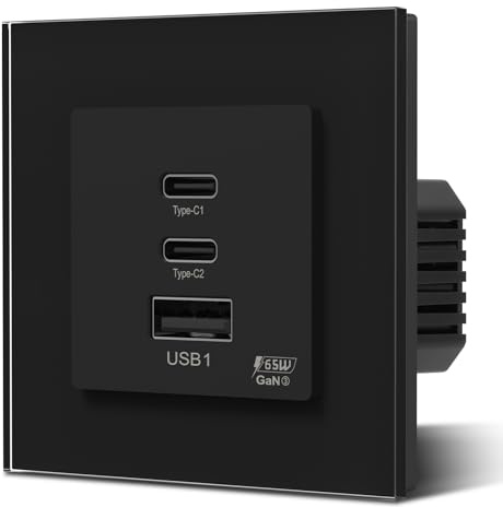 BSEED GaN PD Prise murale 65 W, panneau en verre, prise encastrée avec 2 ports de type C et 1 USB-A, 86 mm Noir