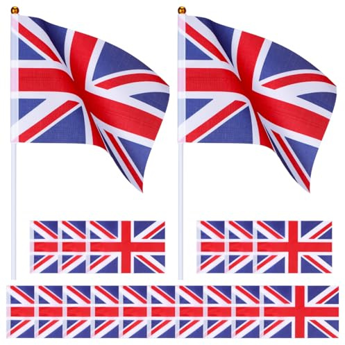 Toyvian Lot de 50 petits drapeaux Union Jack en polyester, rouge, blanc, bleu, pour festivals, 20,3 x 15,2 cm avec bâton de 30,5 cm