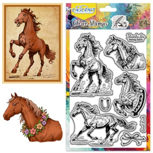 CHGCRAFT Vintage Pferd Transparente Stempel mit Eisenhuf Kranz Silikon Klarsichtstempel für DIY Scrapbooking Fotoalbum Dekoration, 4,3×6,3 Zoll
