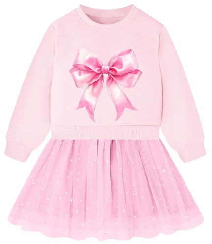 Little Girls Pink Dress 4t 5t Cute Bow Long Sleeve Sequin Tulle Dresses | Kids Sweatshirt Dress with Sequin Mesh Skirt for Birthday Party Holiday Daily Knee Length