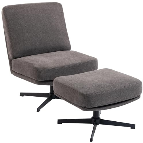 HOMCOM Sessel mit Hocker Drehbar Loungesessel mit Leinenoptik Dunkelgrau